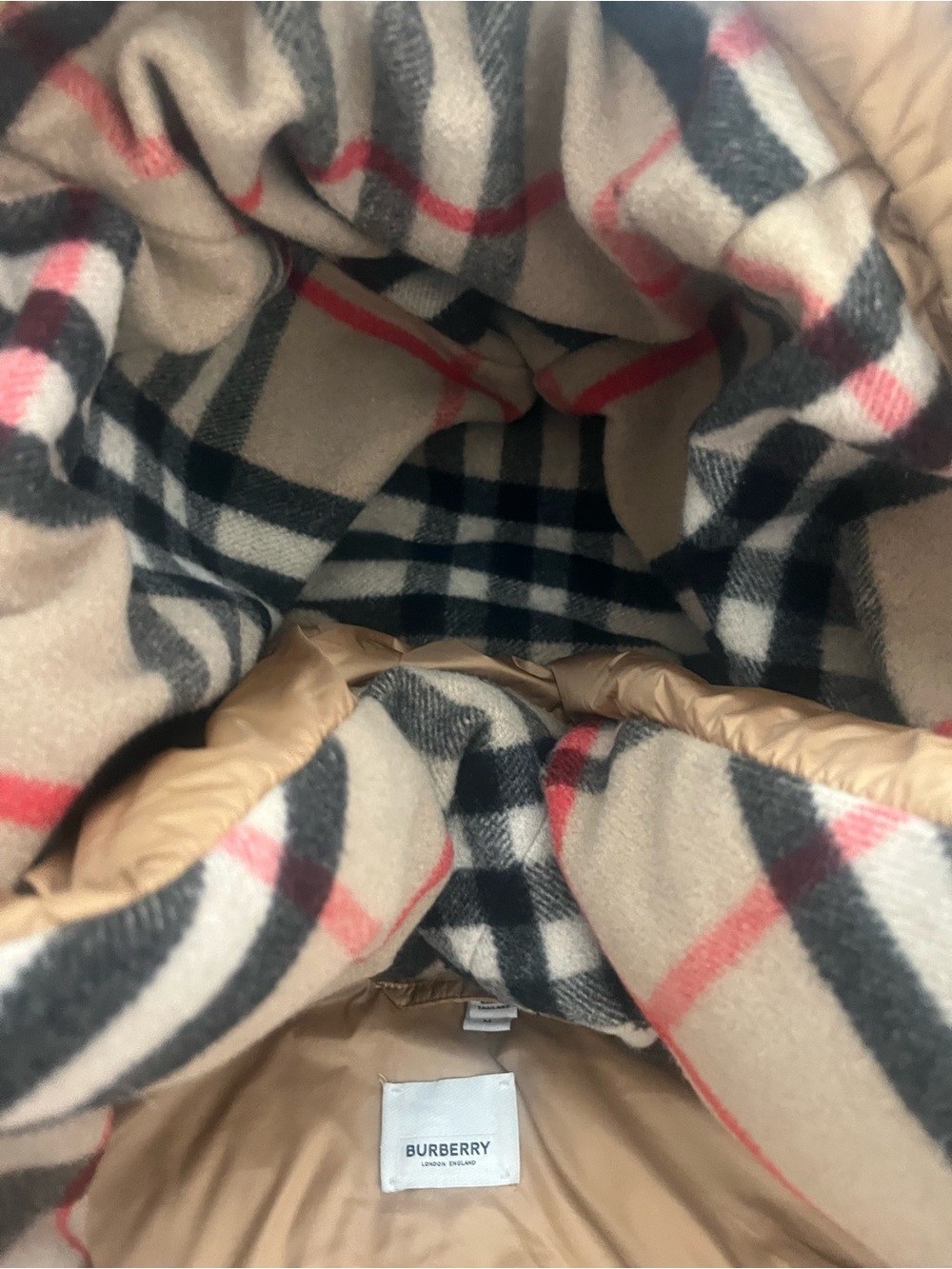 Burberry Tan Puffer Jacket with Signature Check Lining